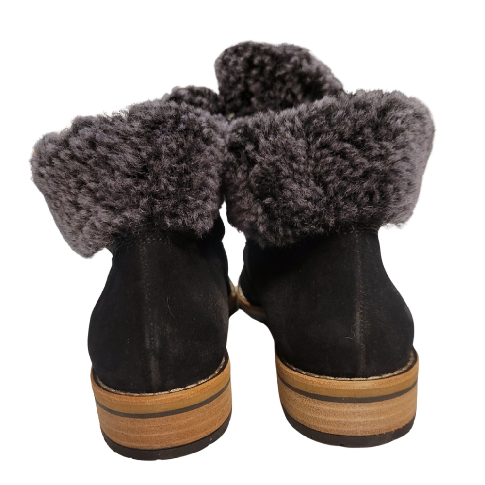 Paul Green Black Suede Lace-Up Ankle Boots with Gray Shearling Cuff - Picture 4 of 13
